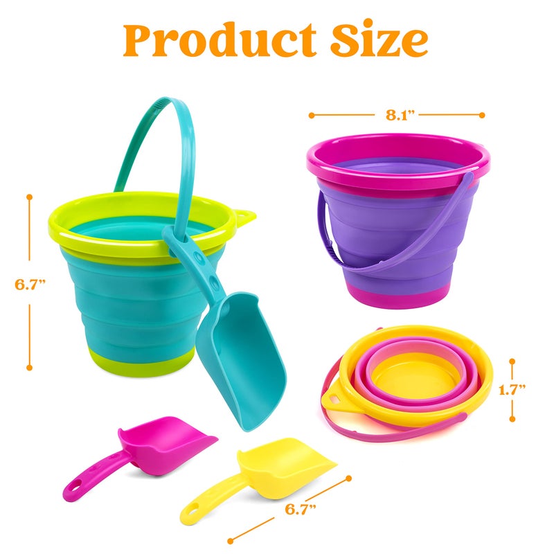 JOYIN Foldable Beach Bucket Set - 3 Packs Collapsible Toy Buckets with Shovels and Mesh Backpack for Kids Toddlers Party, Camping Gear, Travelling, Fishing Water Pail (Pink/Purple/Green) - Image 5
