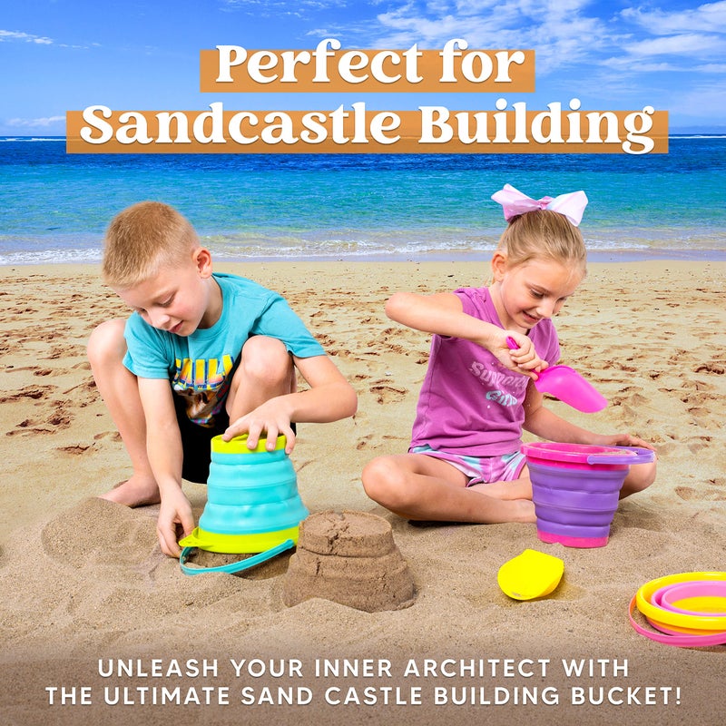 JOYIN Foldable Beach Bucket Set - 3 Packs Collapsible Toy Buckets with Shovels and Mesh Backpack for Kids Toddlers Party, Camping Gear, Travelling, Fishing Water Pail (Pink/Purple/Green) - Image 2