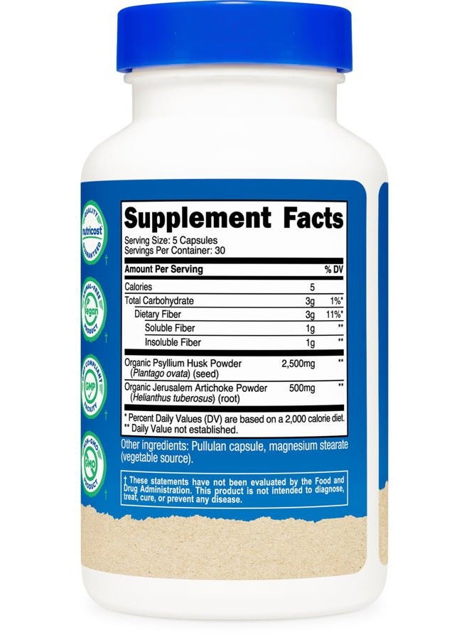Nutricost Fiber Capsules with Prebiotic Fiber Supplement 150 Capsules - CCOF Certified Supplement, Made with Organic Psyllium Husk & Organic Jerusalem Artichoke, Gluten Free, 3 G Per Serving - Image 4