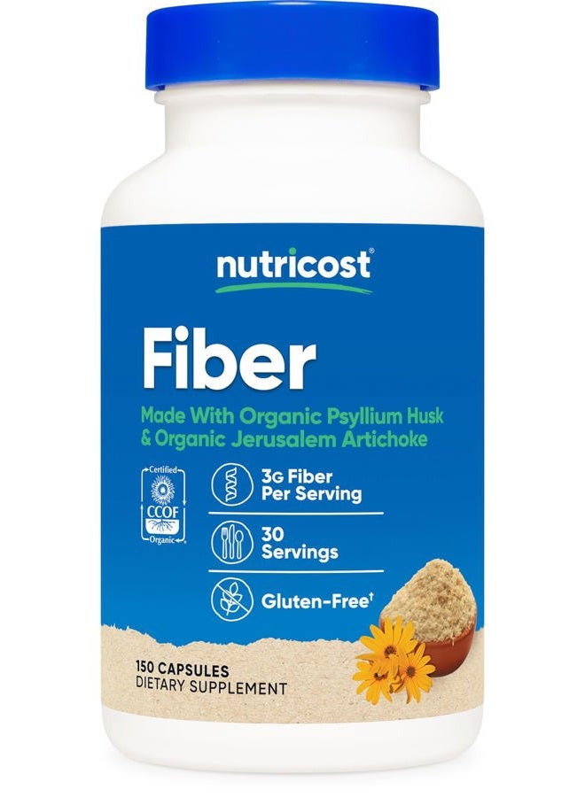 Nutricost Fiber Capsules with Prebiotic Fiber Supplement 150 Capsules - CCOF Certified Supplement, Made with Organic Psyllium Husk & Organic Jerusalem Artichoke, Gluten Free, 3 G Per Serving - Image 1