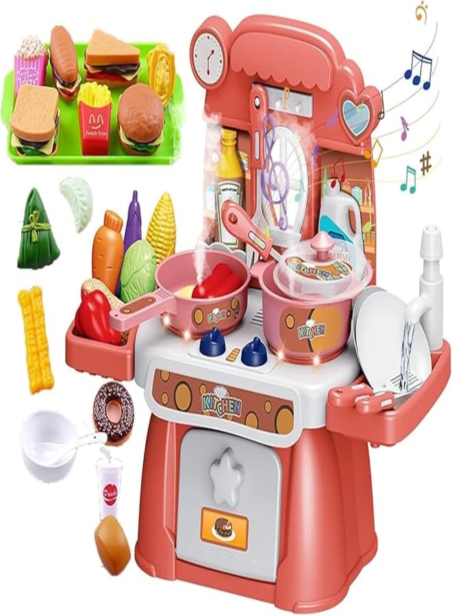 Rightsure Kids Kitchen Playset with Light and Music, 42 Pcs Children's Play House Kitchen Toys Set Imitated Cooking with Sink, Running Water and Electronic Induction Stove for 2-8 Years Girls Gift