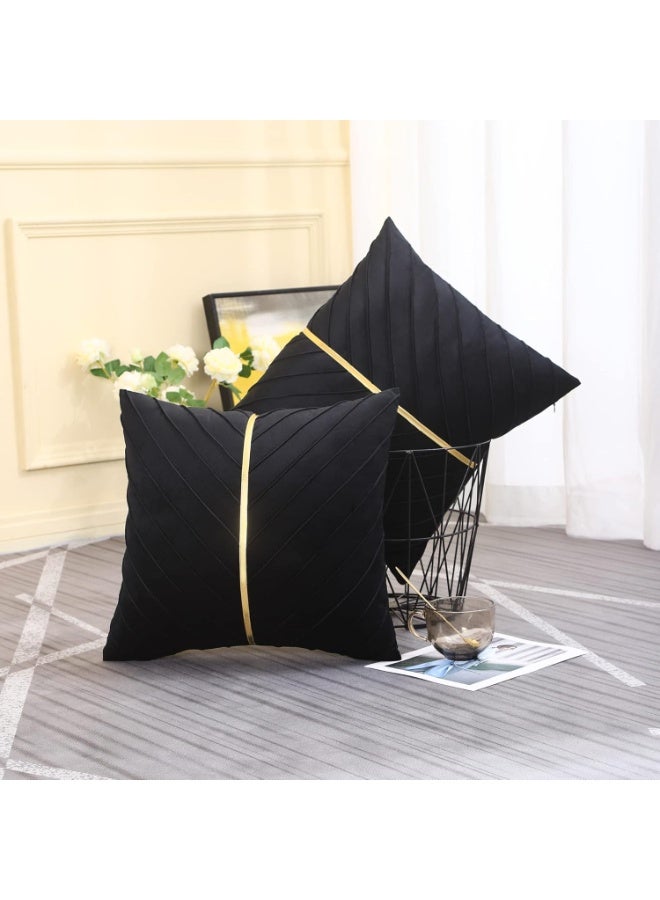 Home Care Set of 2 Decorative Throw Pillow Covers Modern Velvet Black with Gold Leather Cushion Covers for Living Room Bedroom Sofa Bed (18x18 Inch/45x45cm,Black)  - Image 5