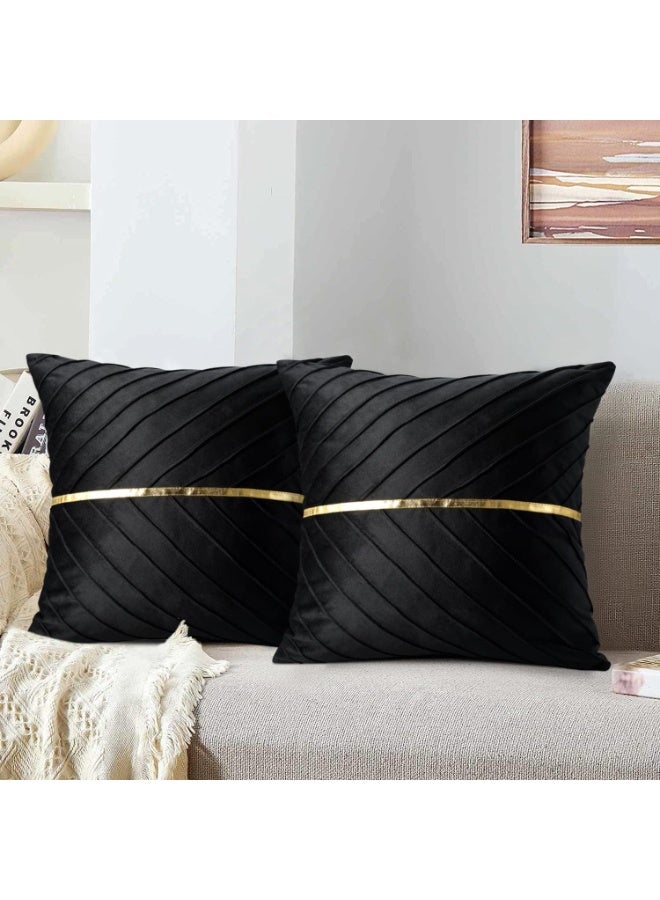 Home Care Set of 2 Decorative Throw Pillow Covers Modern Velvet Black with Gold Leather Cushion Covers for Living Room Bedroom Sofa Bed (18x18 Inch/45x45cm,Black)  - Image 4