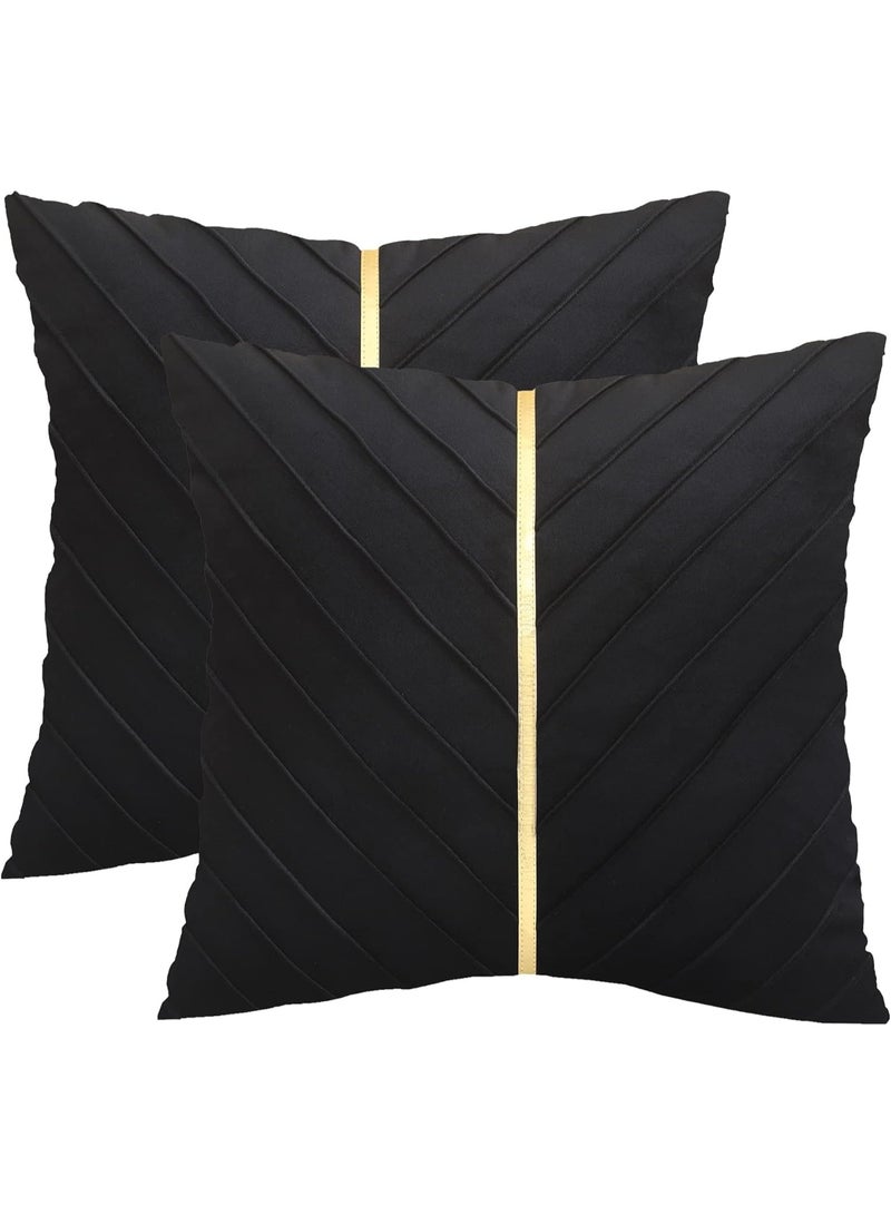 Home Care Set of 2 Decorative Throw Pillow Covers Modern Velvet Black with Gold Leather Cushion Covers for Living Room Bedroom Sofa Bed (18x18 Inch/45x45cm,Black)  - Image 1