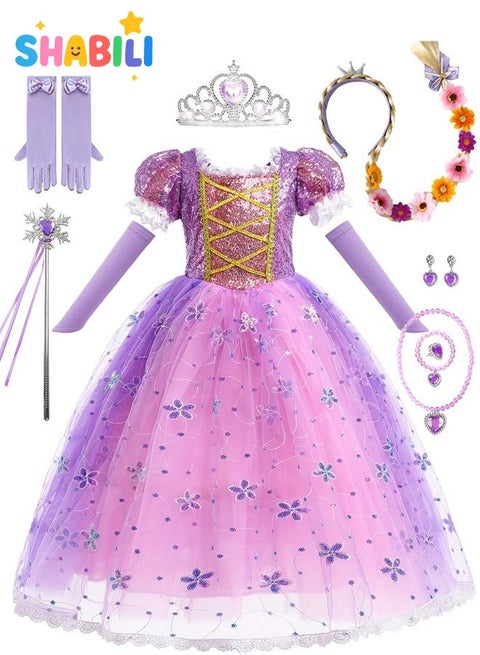 فستان تنكري للأميرات للبنات من 3 إلى 12 سنة – طقم رابونزل أرجواني مع فستان تول طويل وتاج وعصا سحرية وجديلة شعر وقفازات طويلة وقلادة وأقراط وخاتم – مثالي لأعياد الميلاد والهالوين وحفلات العيد