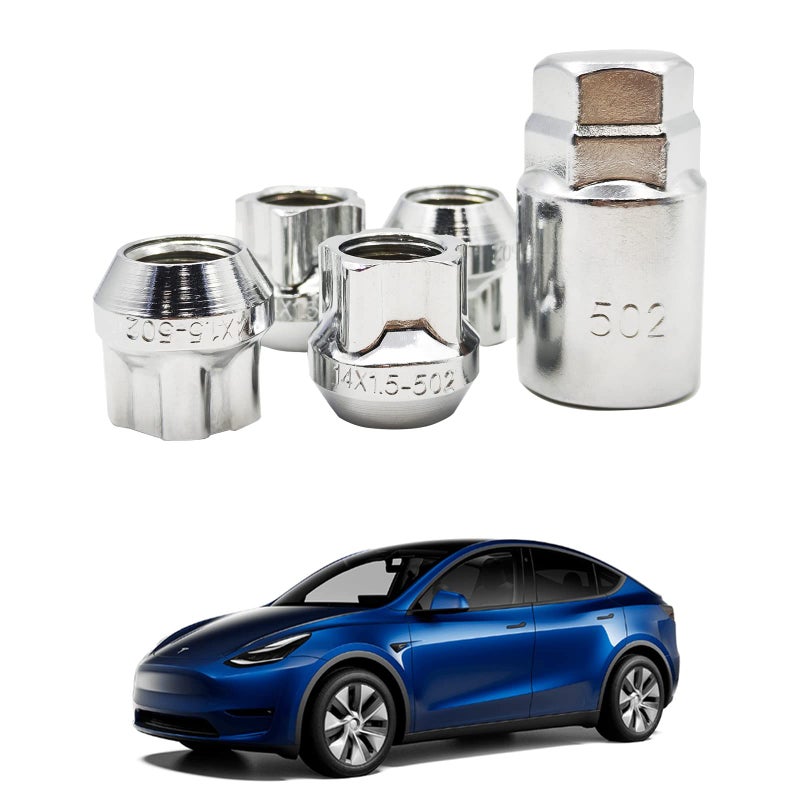 KIKIMO for Tesla Wheel Locks for Model S/3/X/Y, Set of 4 Chrome Cone Seat Wheel Locks for Tesla Model S/3/X/Y Accessories (M14 X 1.5 Thread Size)
