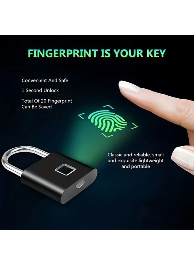 Upgraded Type C Fingerprint Padlock Zinc Alloy Black Records 20 Fingerprints - Image 2