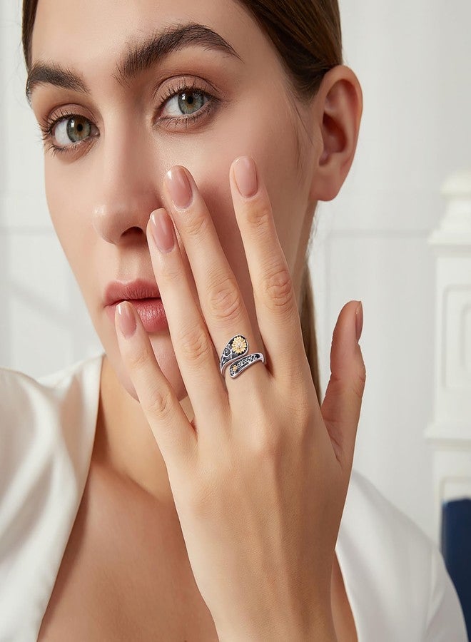 Flyow Sterling Silver Sunflower Spoon Ring Victorian Style Boho Antique Flower Ring Adjustable Open Ring Statement Cubic Zirconial Rings for Women Mom Wife Friend Mother's Day Birthday Christmas Jewelry - Image 3