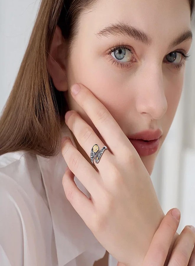 Flyow Sterling Silver Sunflower Spoon Ring Victorian Style Boho Antique Flower Ring Adjustable Open Ring Statement Cubic Zirconial Rings for Women Mom Wife Friend Mother's Day Birthday Christmas Jewelry - Image 2