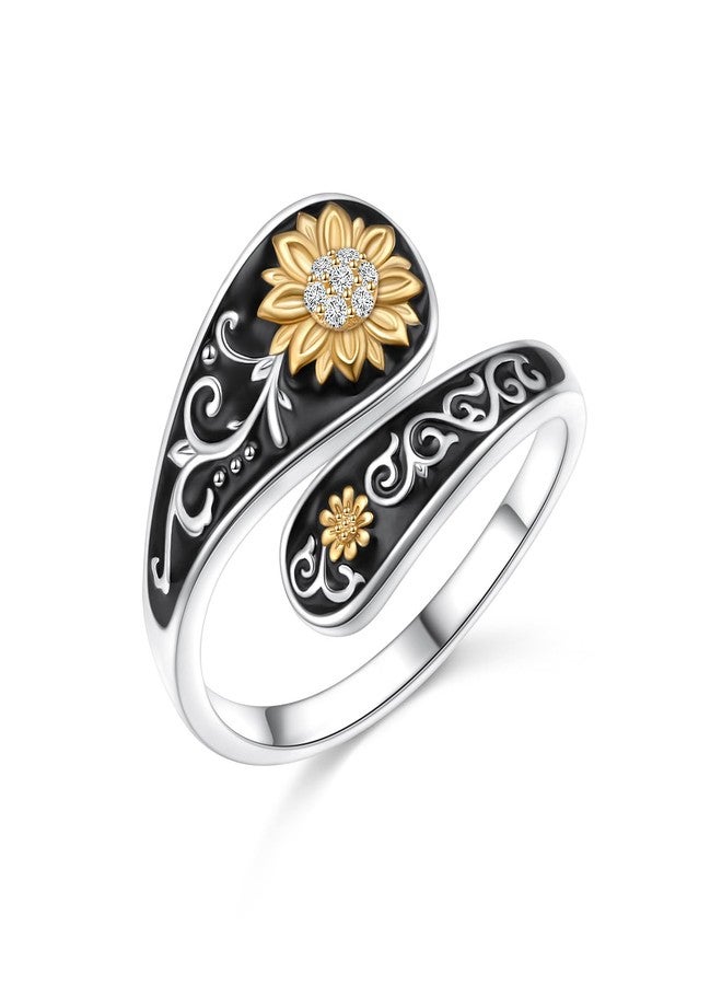 Flyow Sterling Silver Sunflower Spoon Ring Victorian Style Boho Antique Flower Ring Adjustable Open Ring Statement Cubic Zirconial Rings for Women Mom Wife Friend Mother's Day Birthday Christmas Jewelry - Image 1