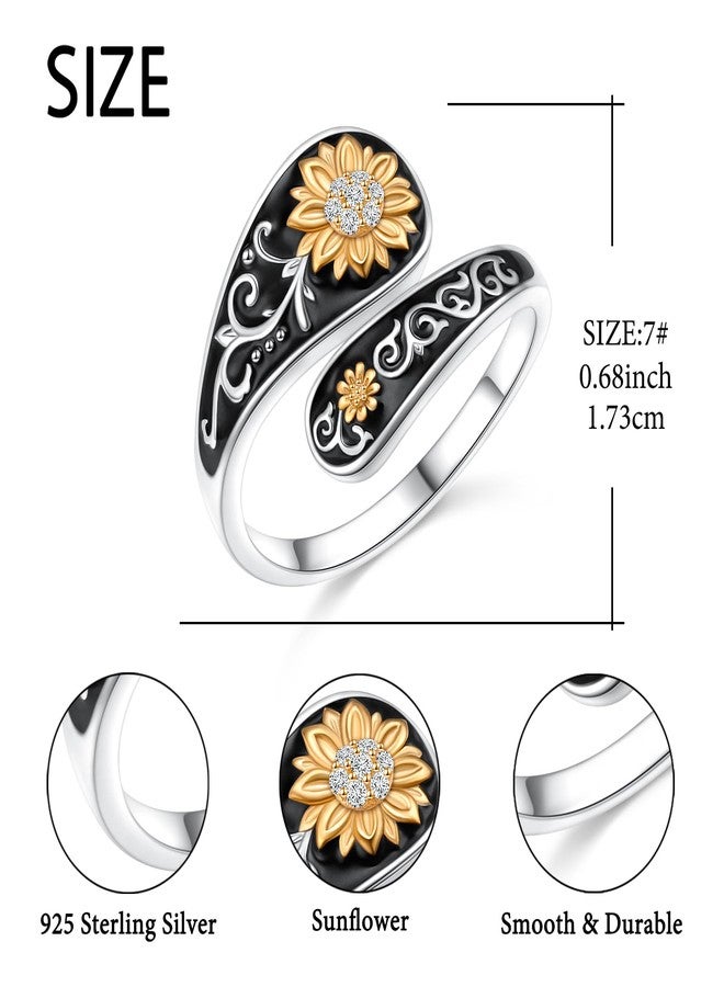Flyow Sterling Silver Sunflower Spoon Ring Victorian Style Boho Antique Flower Ring Adjustable Open Ring Statement Cubic Zirconial Rings for Women Mom Wife Friend Mother's Day Birthday Christmas Jewelry - Image 5