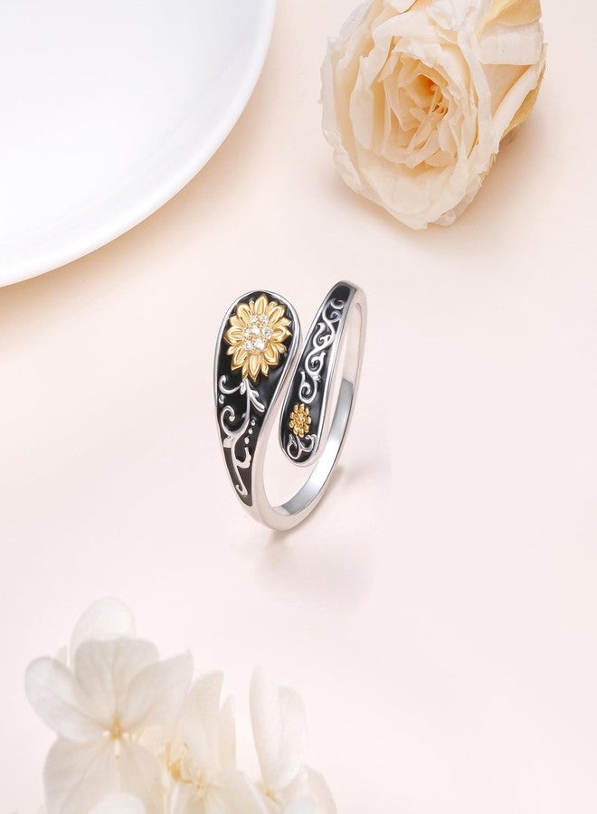Flyow Sterling Silver Sunflower Spoon Ring Victorian Style Boho Antique Flower Ring Adjustable Open Ring Statement Cubic Zirconial Rings for Women Mom Wife Friend Mother's Day Birthday Christmas Jewelry - Image 4