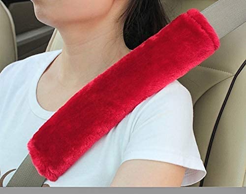 KOZI PET Soft Faux Sheepskin Seat Belt Shoulder Pad for a More Comfortable Driving, Compatible with Adults Youth Kids - Car, Truck, SUV, Airplane,Carmera Backpack Straps 2 Packs Red - Image 1