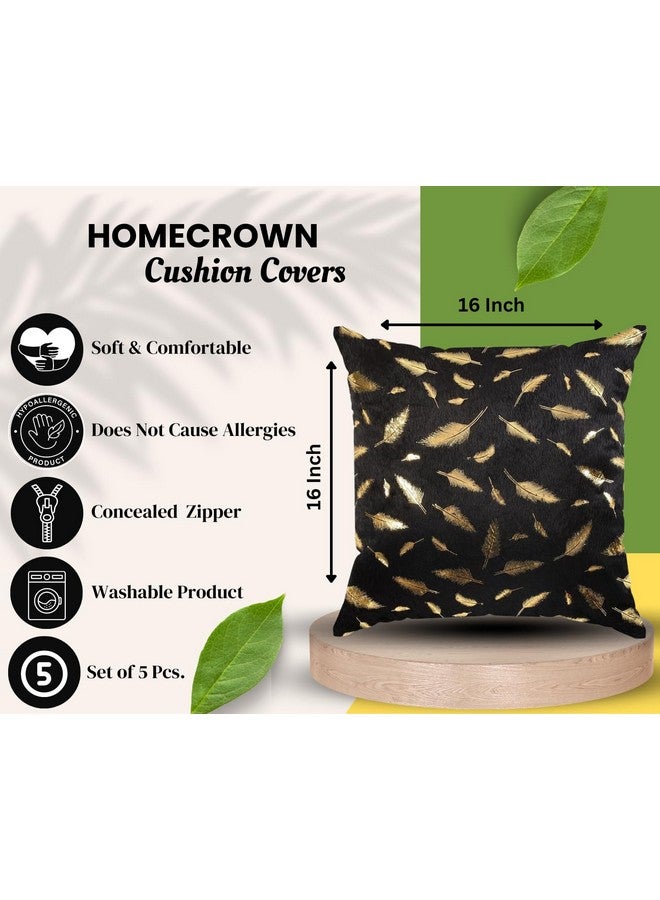 HOMECROWN مجموعة أغطية وسائد مخملية HOMECROWN بحجم 16x16 بوصة، ناعمة وزخرفية مع طباعة ريش ذهبية للكنبة، الأريكة، السرير، غرفة المعيشة - أسود-250 TC - Image 2