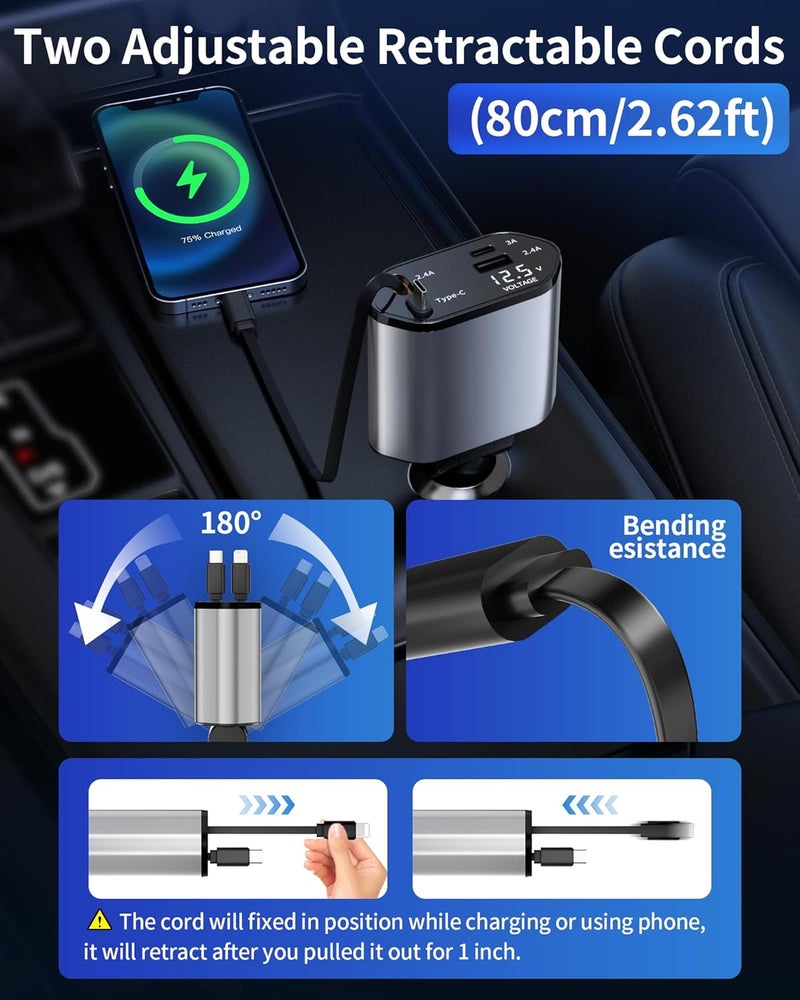 4-in-1 telescopic car charger, dual USB-C + USB-A fast charging, rhombus telescopic cable model - Image 3