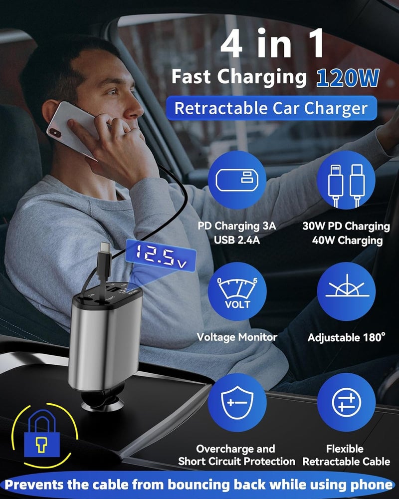 4-in-1 telescopic car charger, dual USB-C + USB-A fast charging, rhombus telescopic cable model - Image 4
