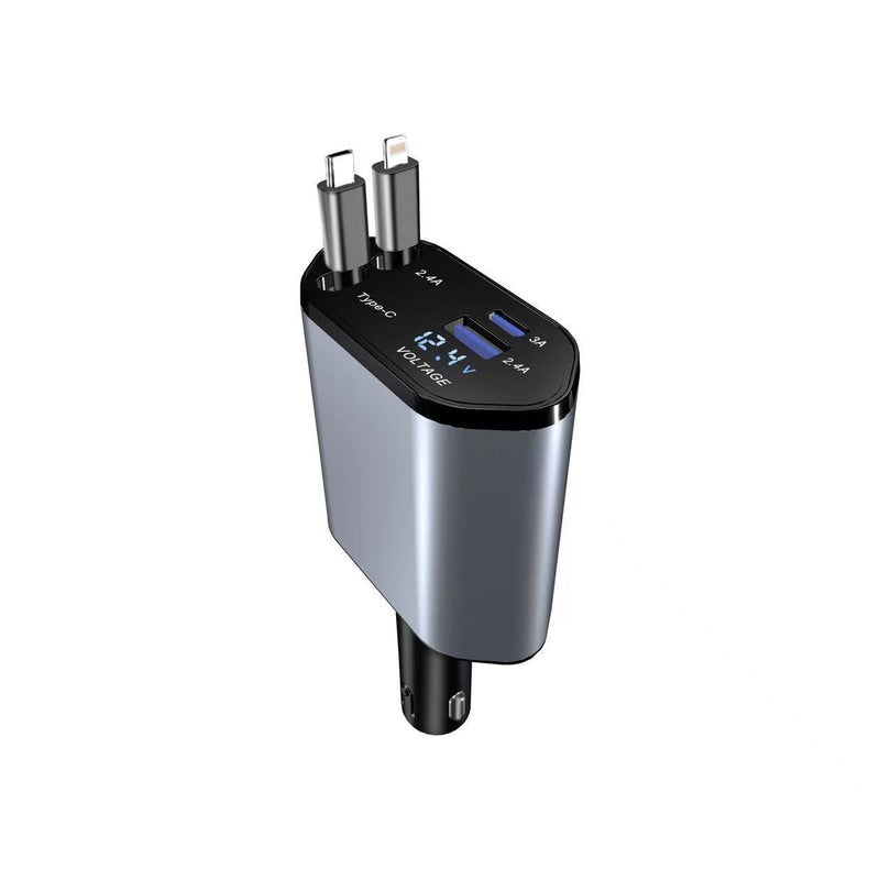 4-in-1 telescopic car charger, dual USB-C + USB-A fast charging, rhombus telescopic cable model - Image 1
