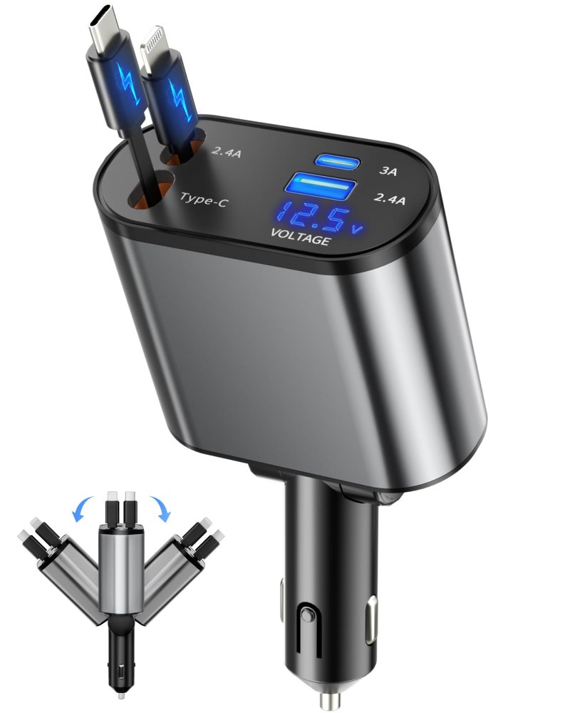 4-in-1 telescopic car charger, dual USB-C + USB-A fast charging, rhombus telescopic cable model - Image 2