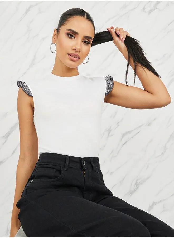 ستايلي Contrast Ruffle Detail Fitted T-Shirt