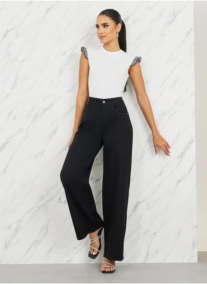 ستايلي Contrast Ruffle Detail Fitted T-Shirt