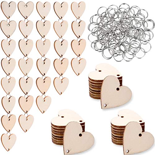 Onwon 100 Pieces Wooden Heart Tags Discs with 2 Holes & 100 Pcs Stainless Steel Rings Connectors for Your DIY Projects Such as Birthday Boards, Chore Boards and Crafts, Diameter is 30 mm/ 1.2 inches - Image 1