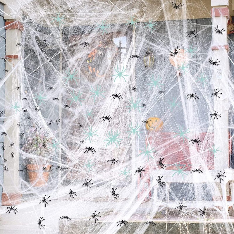 Mowane Local market compliant trusted quality 300 Sqft Halloween Spider Web Decorations, with 10 Glow in the Dark+10 Black Fake Scary Spiders, Super Stretch Cobwebs Creepy Halloween Indoor Outdoor Office Party Supplies (300 Sqft Web+20 Spider) Classic design alternatives - Image 1