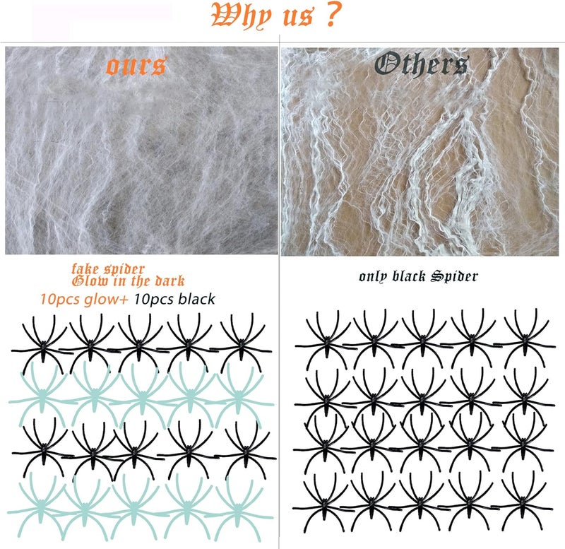 Mowane Local market compliant trusted quality 300 Sqft Halloween Spider Web Decorations, with 10 Glow in the Dark+10 Black Fake Scary Spiders, Super Stretch Cobwebs Creepy Halloween Indoor Outdoor Office Party Supplies (300 Sqft Web+20 Spider) Classic design alternatives - Image 2