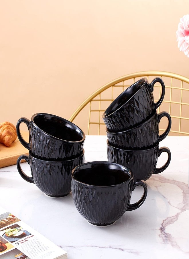 Coffeezone Set of 6 Cups Vintage Design 12 oz Professional Barista Ceramic Latte Art Cappuccino Cups Set (Embossed Black * 6) - Image 2