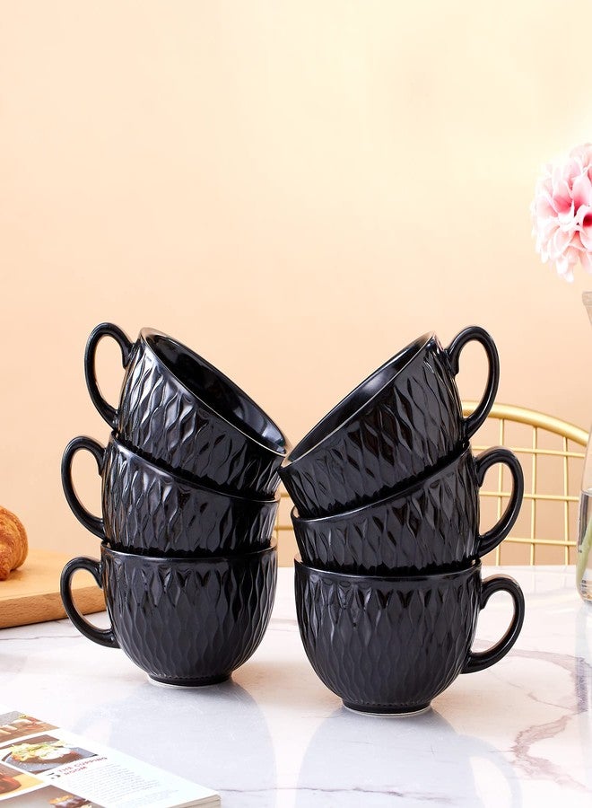 Coffeezone Set of 6 Cups Vintage Design 12 oz Professional Barista Ceramic Latte Art Cappuccino Cups Set (Embossed Black * 6) - Image 5