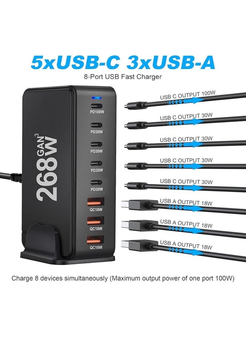 Changli - 268W GaN USB C Charger Station, 8 Port Type C Fast Charging Hub Block, Wall Charger Power Strip Adapter Plug 5 PD USB C 3 QC USB A - GaN Technology - Certified Laptop Charger for Macbook Air, Sumsung S23 iPhone 16,iPad, Galaxy, Honor and More -1.5m Power Cord - Image 1