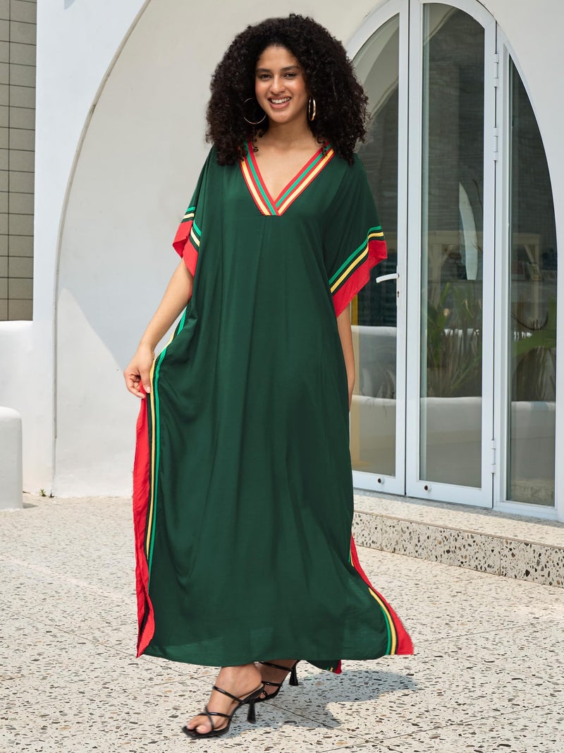 KECVOT Kaftan Dresses for Women V-Neck Print Swimsuit Cover Up Plus Size Beach Caftan Lounge Dress Army Green - Image 4