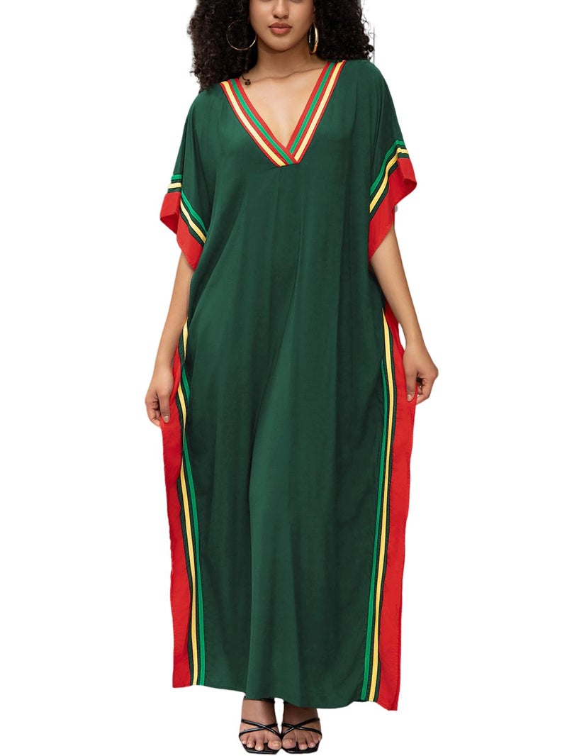 KECVOT Kaftan Dresses for Women V-Neck Print Swimsuit Cover Up Plus Size Beach Caftan Lounge Dress Army Green - Image 1