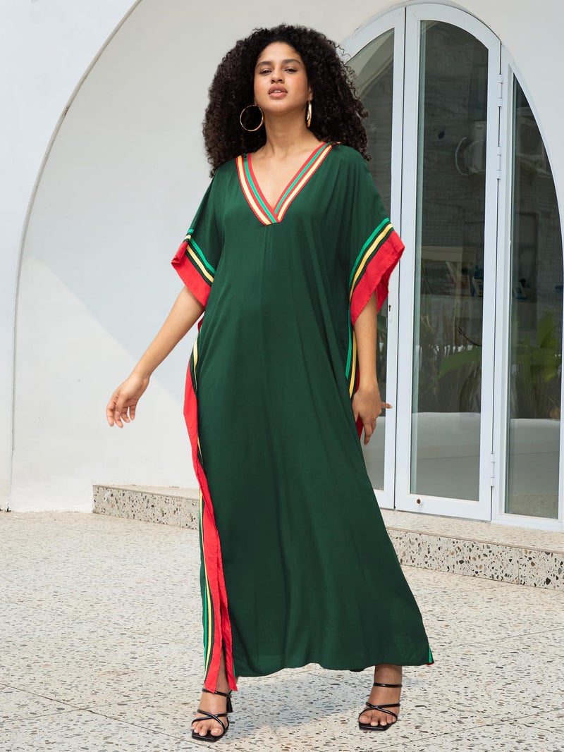 KECVOT Kaftan Dresses for Women V-Neck Print Swimsuit Cover Up Plus Size Beach Caftan Lounge Dress Army Green - Image 3