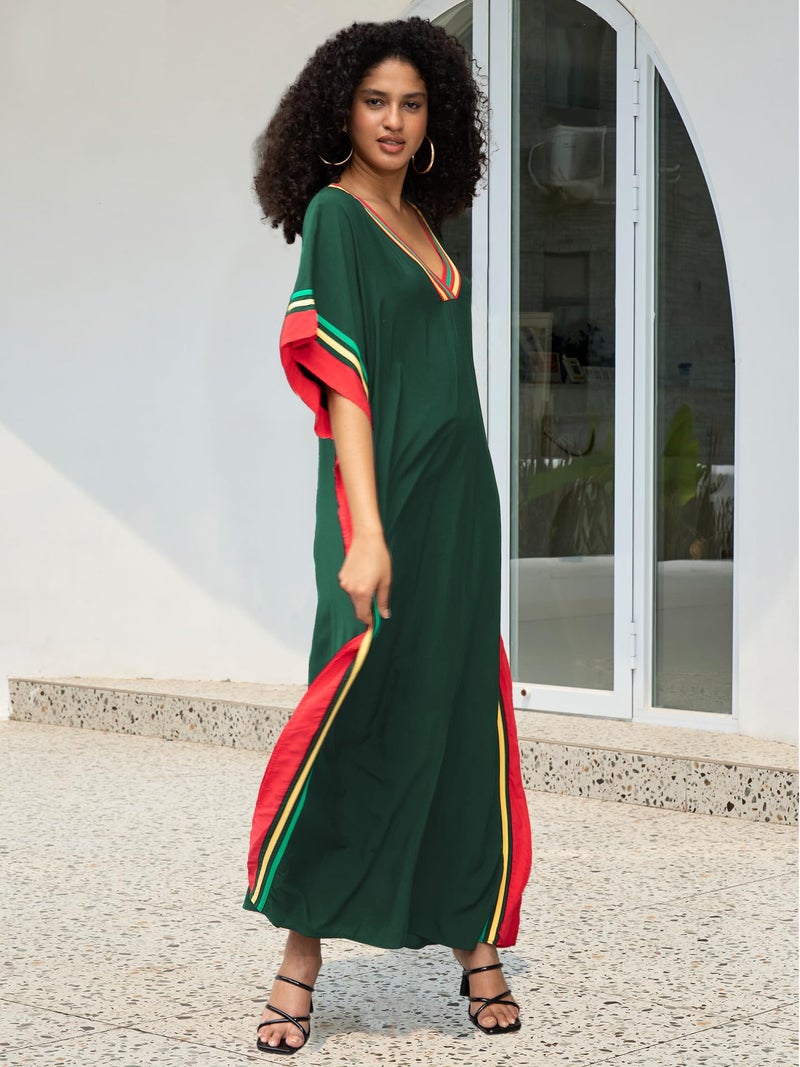 KECVOT Kaftan Dresses for Women V-Neck Print Swimsuit Cover Up Plus Size Beach Caftan Lounge Dress Army Green - Image 2