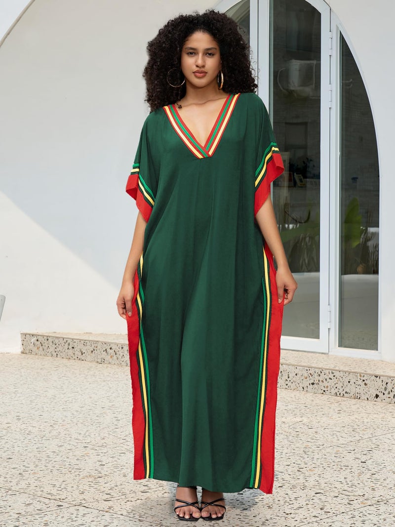 KECVOT Kaftan Dresses for Women V-Neck Print Swimsuit Cover Up Plus Size Beach Caftan Lounge Dress Army Green - Image 5