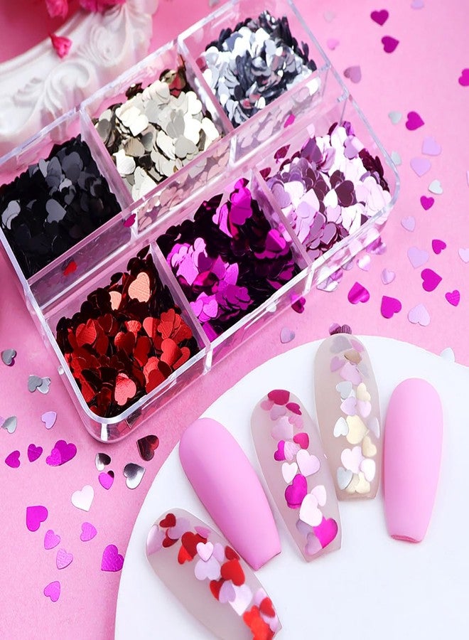 KTAABTR 6 Grids Valentines Nail Art Glitter Heart Nail Sequins Supply Holographic Glitter 3D Valentines Nail Glitter Sequins for Women DIY Manicure Valentines Heart Nail Glitter Decoration - Image 3