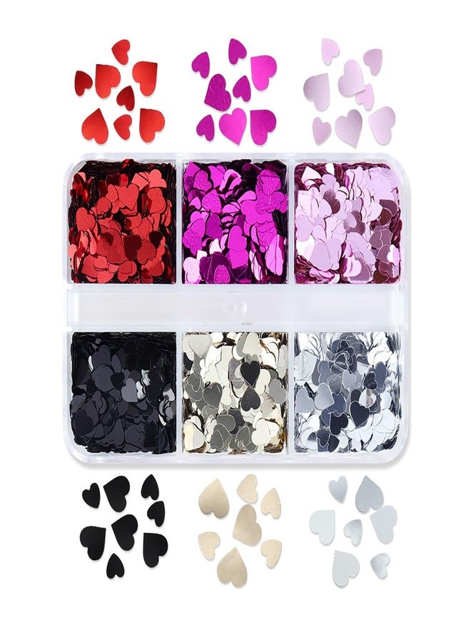 KTAABTR 6 Grids Valentines Nail Art Glitter Heart Nail Sequins Supply Holographic Glitter 3D Valentines Nail Glitter Sequins for Women DIY Manicure Valentines Heart Nail Glitter Decoration - Image 4