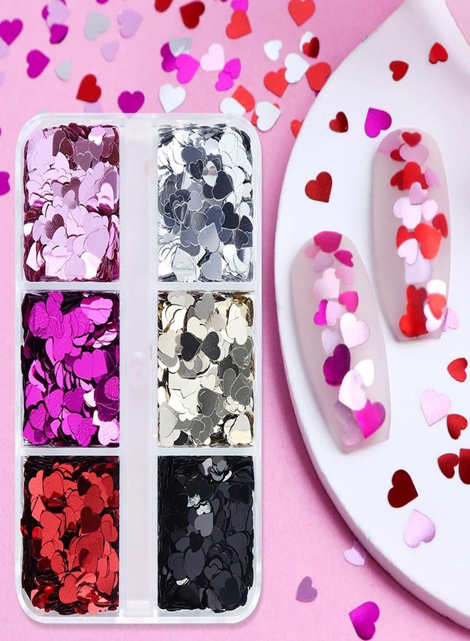 KTAABTR 6 Grids Valentines Nail Art Glitter Heart Nail Sequins Supply Holographic Glitter 3D Valentines Nail Glitter Sequins for Women DIY Manicure Valentines Heart Nail Glitter Decoration - Image 2
