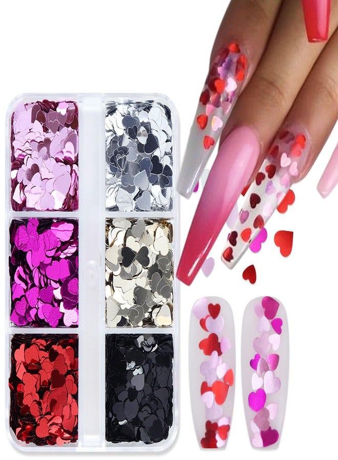 KTAABTR 6 Grids Valentines Nail Art Glitter Heart Nail Sequins Supply Holographic Glitter 3D Valentines Nail Glitter Sequins for Women DIY Manicure Valentines Heart Nail Glitter Decoration - Image 1