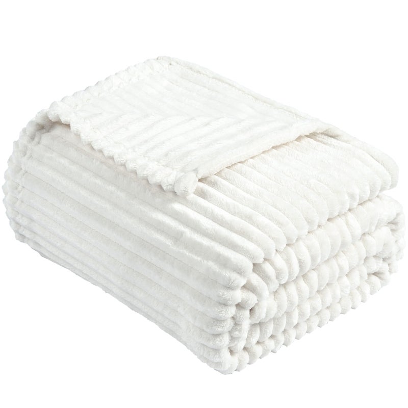 Vessia Flannel Fleece Throw Blanket for Couch Sofa Bed  300GSM Microfiber White Striped Chair Blanket Super Soft Warm Cozy Lightweight Ribbed Throw for All-Season - Image 5
