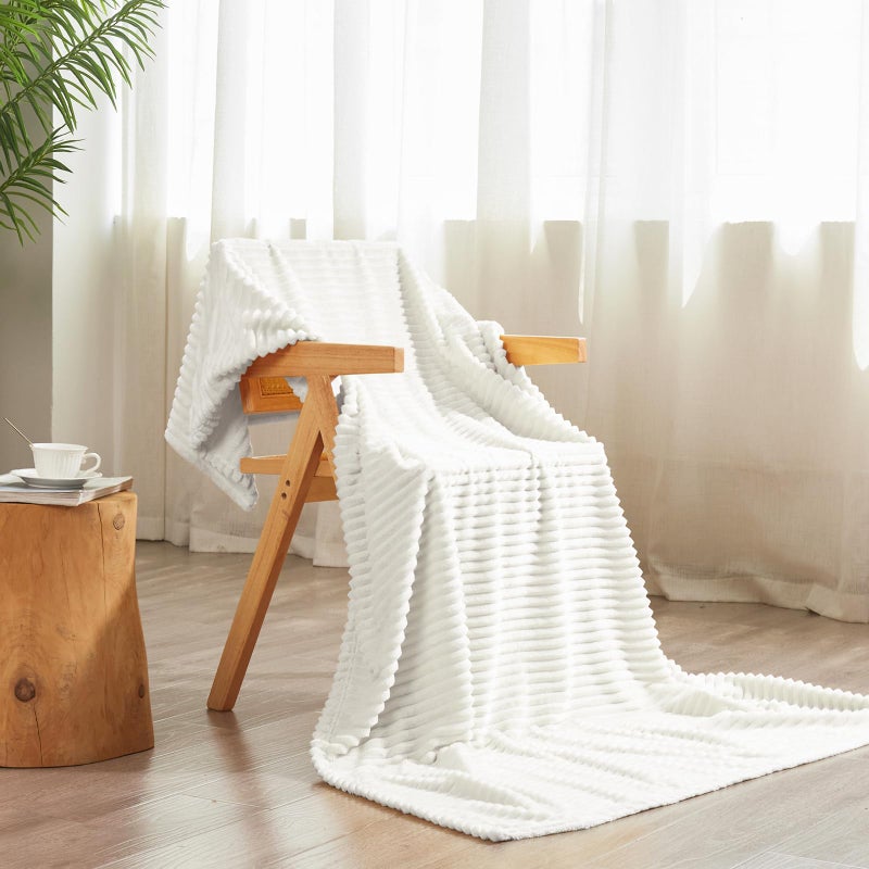 Vessia Flannel Fleece Throw Blanket for Couch Sofa Bed  300GSM Microfiber White Striped Chair Blanket Super Soft Warm Cozy Lightweight Ribbed Throw for All-Season - Image 3