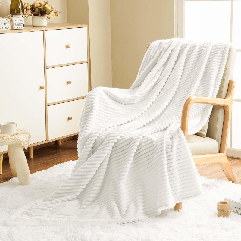 Vessia Flannel Fleece Throw Blanket for Couch Sofa Bed  300GSM Microfiber White Striped Chair Blanket Super Soft Warm Cozy Lightweight Ribbed Throw for All-Season - Image 1