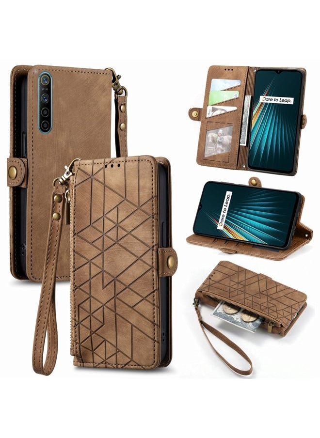 HuHa Case Cover For Realme 5 / 5i / 6i Geometric Zipper Wallet Side Buckle Leather Phone Case Brown 
