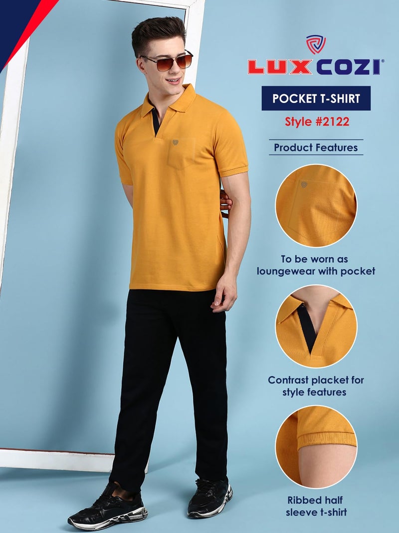 Lux Cozi Men's Half Sleeve Soild Casual T-Shirt with Chest Pocket_COZI_2122_MST_4XL_1PC Mustard - Image 2