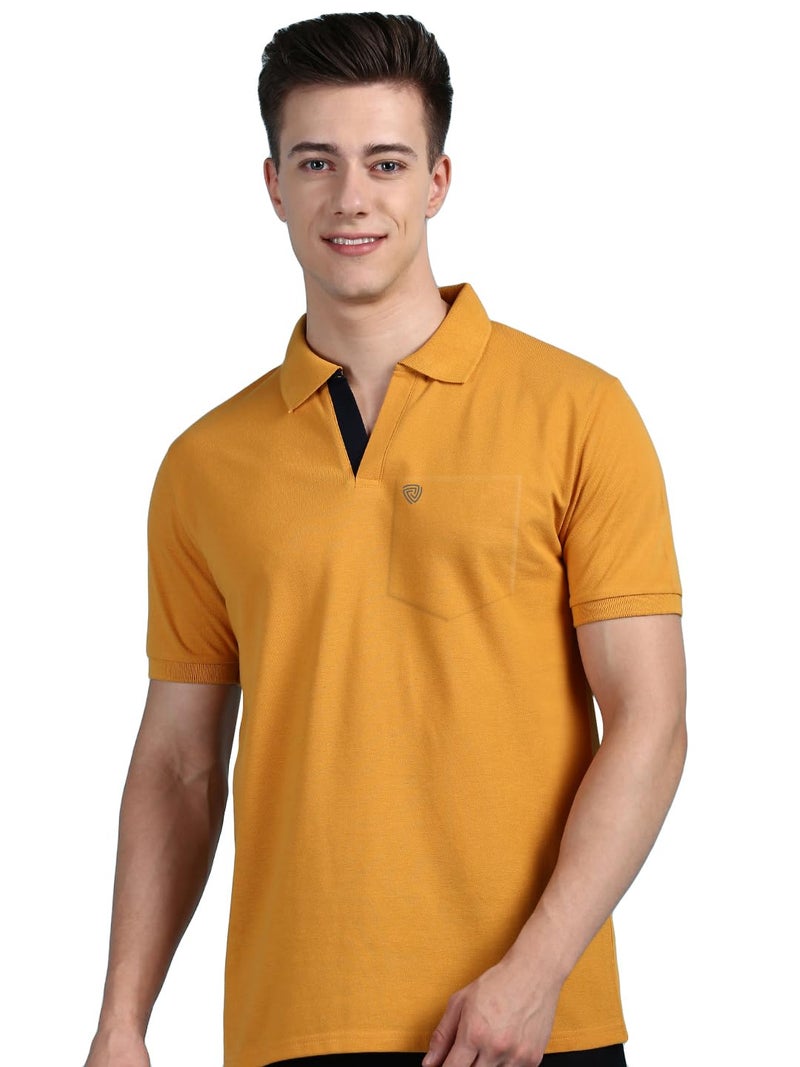Lux Cozi Men's Half Sleeve Soild Casual T-Shirt with Chest Pocket_COZI_2122_MST_4XL_1PC Mustard - Image 1