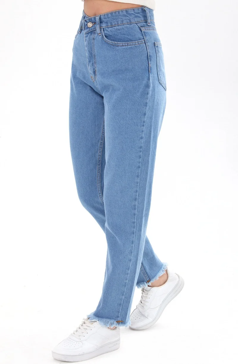 Tofisa 23670-ICE-BLUE High Waist Tassel Mom Jeans