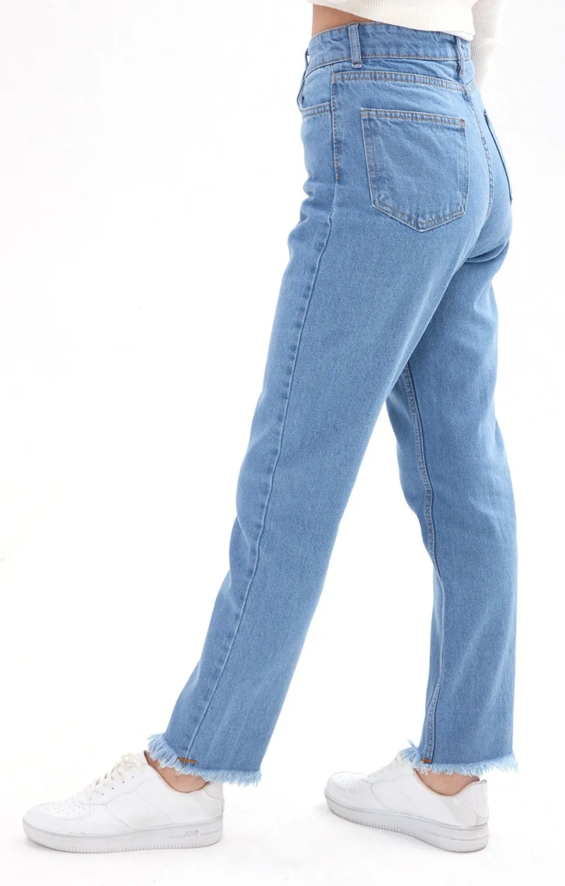 Tofisa 23670-ICE-BLUE High Waist Tassel Mom Jeans