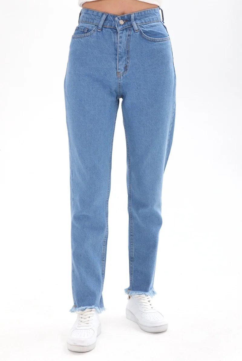 Tofisa 23670-ICE-BLUE High Waist Tassel Mom Jeans