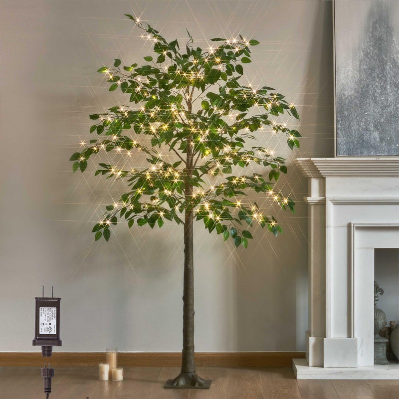 LITBLOOM Lighted Ficus Tree 6FT 264 LED Fairy Lights Artificial Greenery Tree with Lights for Home Fireplace Living Room Decoration Inside