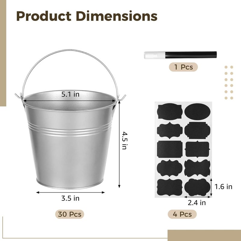 30-Pc Mini Galvanized Metal Buckets — Silver Iron Pails w/Handles, Erasable Stickers & Chalk Marker; ~5.1×4.5″; for DIY Crafts, Flower Pots, Wedding & Home Decor - Image 4